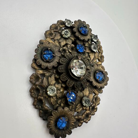 1920s antique Art Deco Czech blue clear glass rhinestones floral Dress clip - Picture 4 of 9